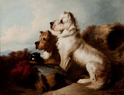 A West Highland White and a Skye Terrier Guarding the Days Bag