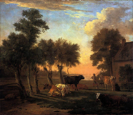 Cows in a Meadow by a Farm