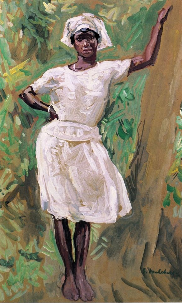 Sketch of Young Black Woman in White Dress and Hat