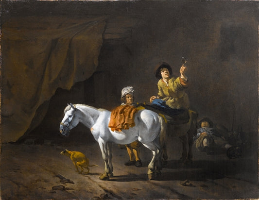 A Horseman Holding a Roemer of Wine with an Ostler Tending the H