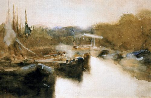 Moored ships in city canal