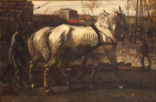 Two White Horses Pulling Posts in Amsterdam