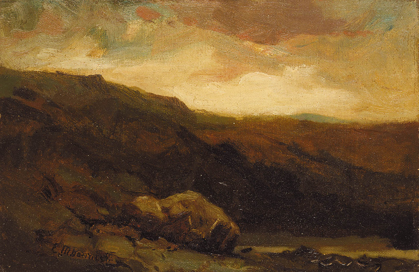 Untitled (mountainous landscape with rock and stream in foreground)