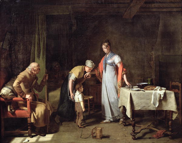 Young Woman Helping an Unfortunate Family